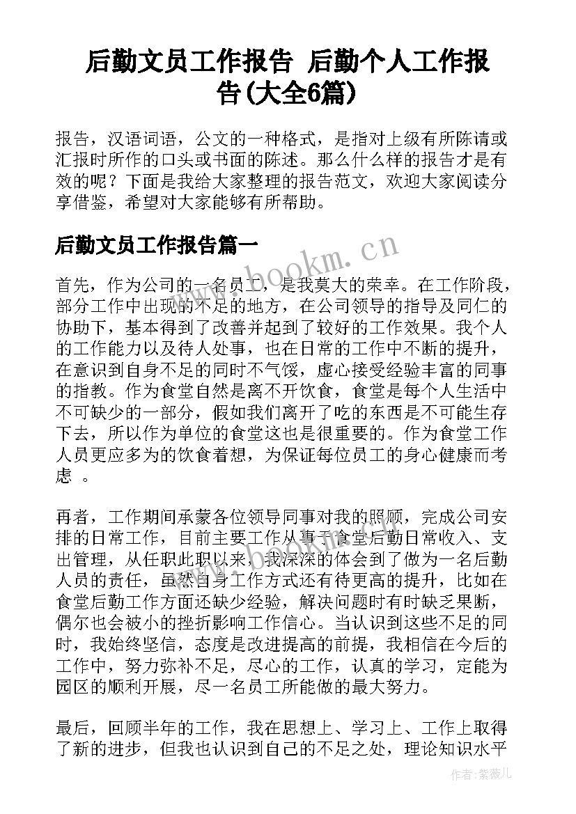 后勤文员工作报告 后勤个人工作报告(大全6篇)