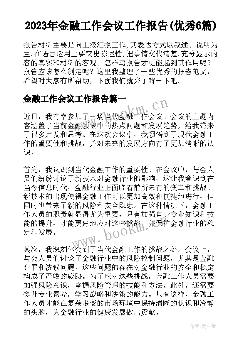 2023年金融工作会议工作报告(优秀6篇)