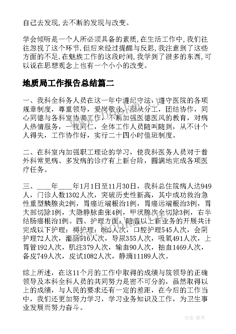 地质局工作报告总结 工作报告总结(模板5篇)