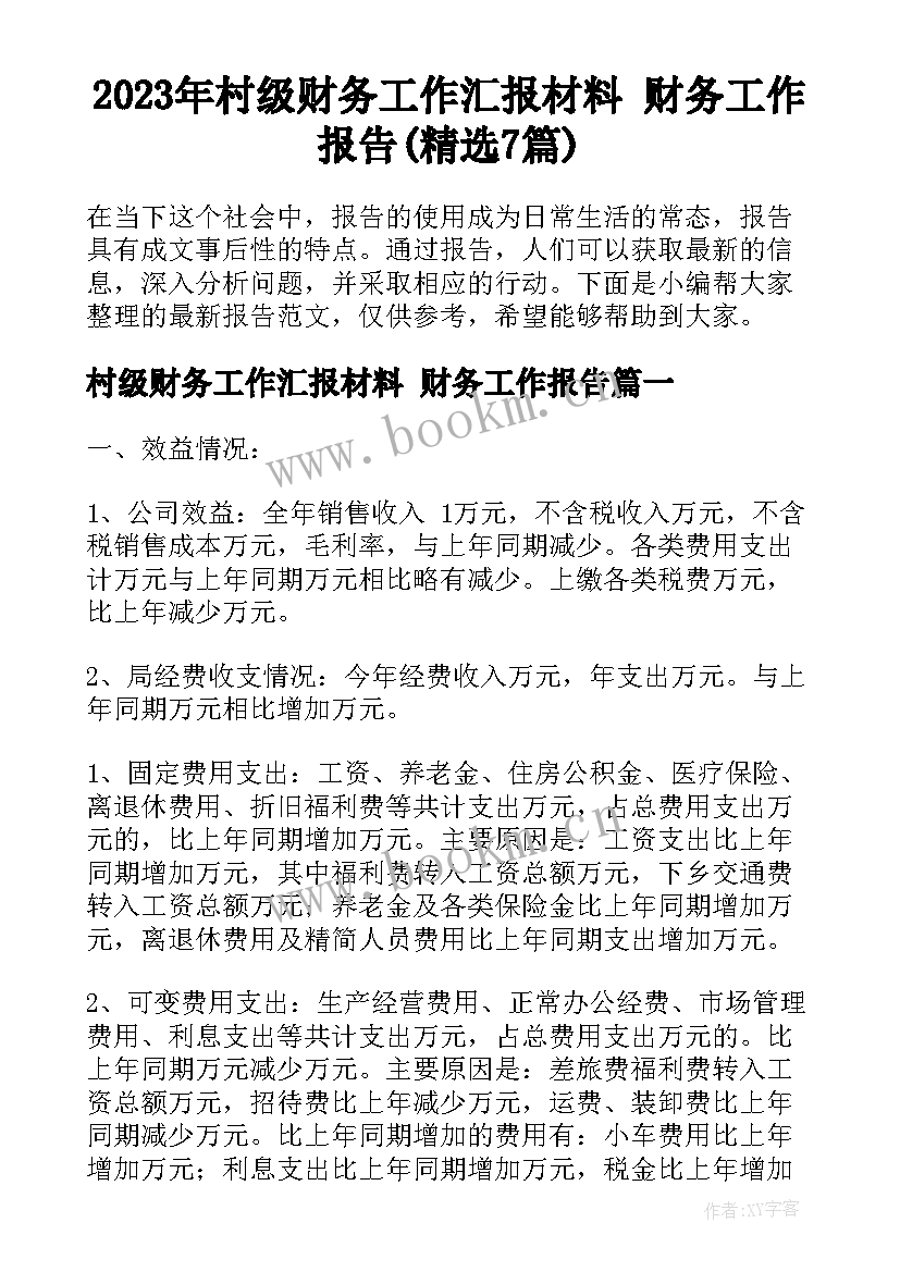 2023年村级财务工作汇报材料 财务工作报告(精选7篇)