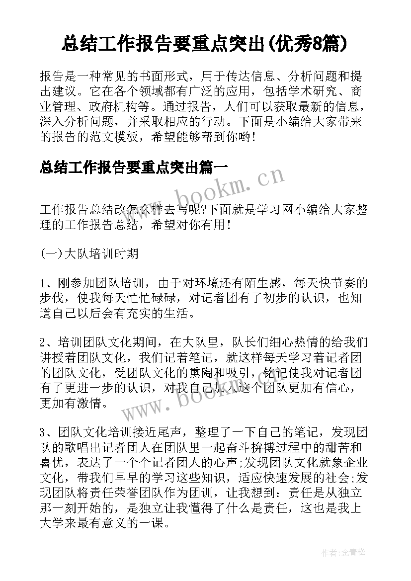 总结工作报告要重点突出(优秀8篇)