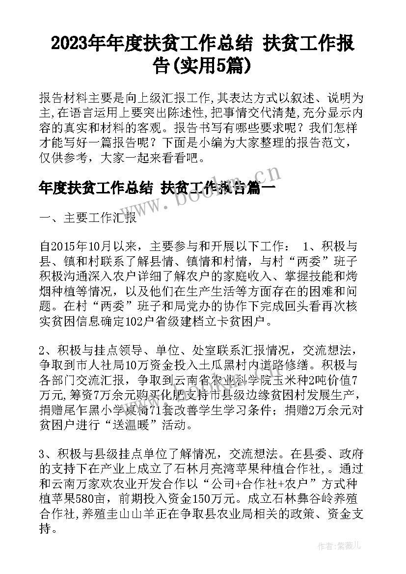 2023年年度扶贫工作总结 扶贫工作报告(实用5篇)