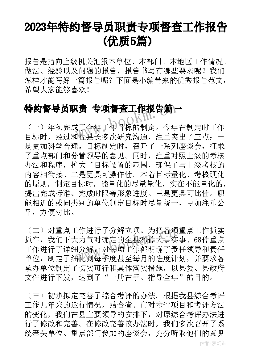 2023年特约督导员职责 专项督查工作报告(优质5篇)