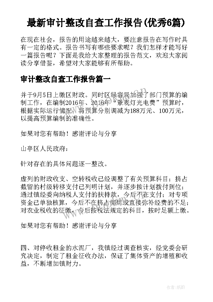 最新审计整改自查工作报告(优秀6篇)