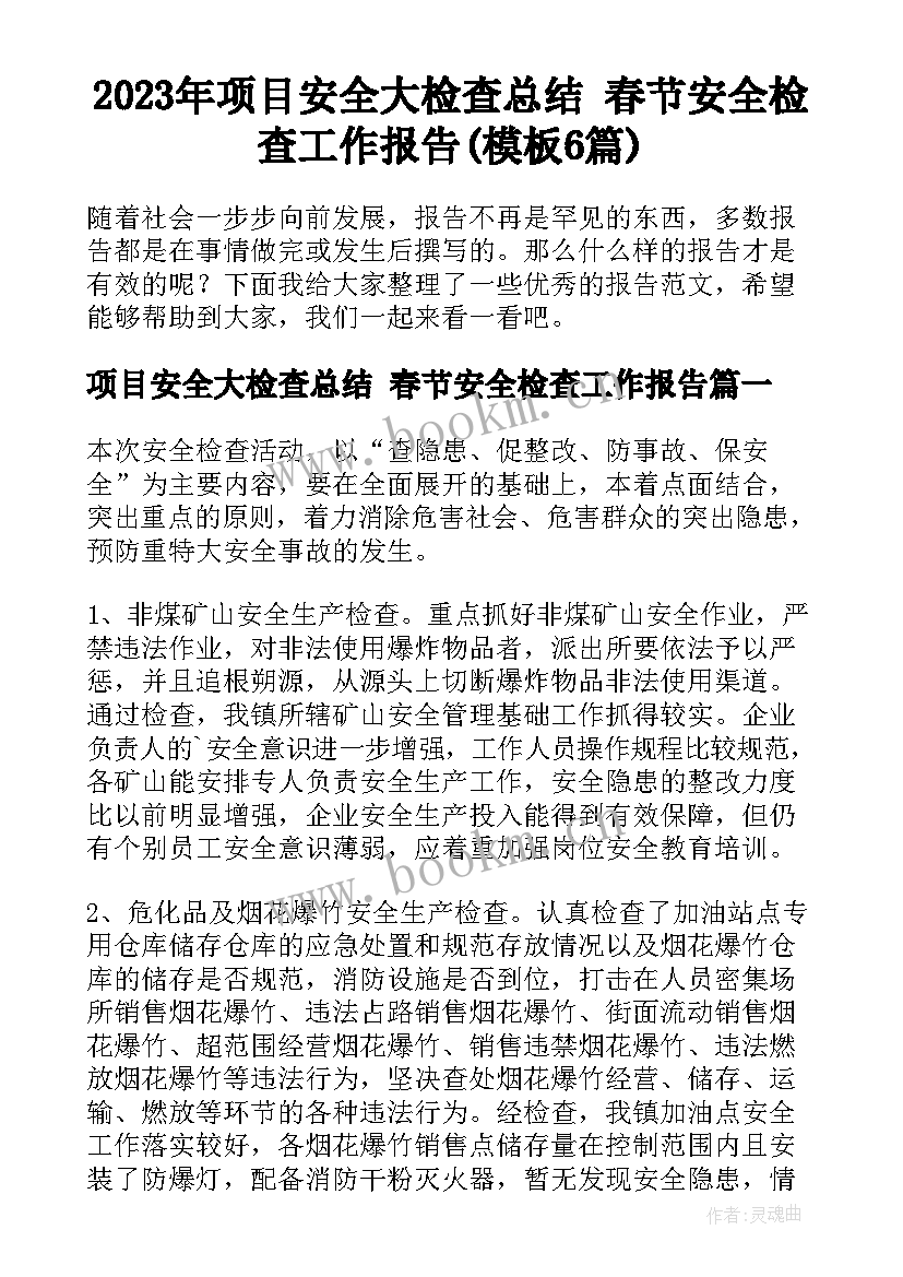 2023年项目安全大检查总结 春节安全检查工作报告(模板6篇)