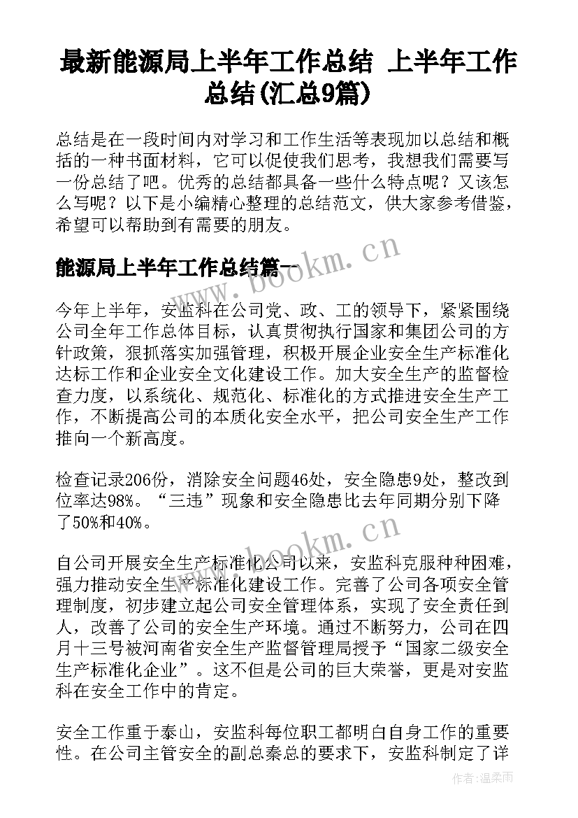 最新能源局上半年工作总结 上半年工作总结(汇总9篇)