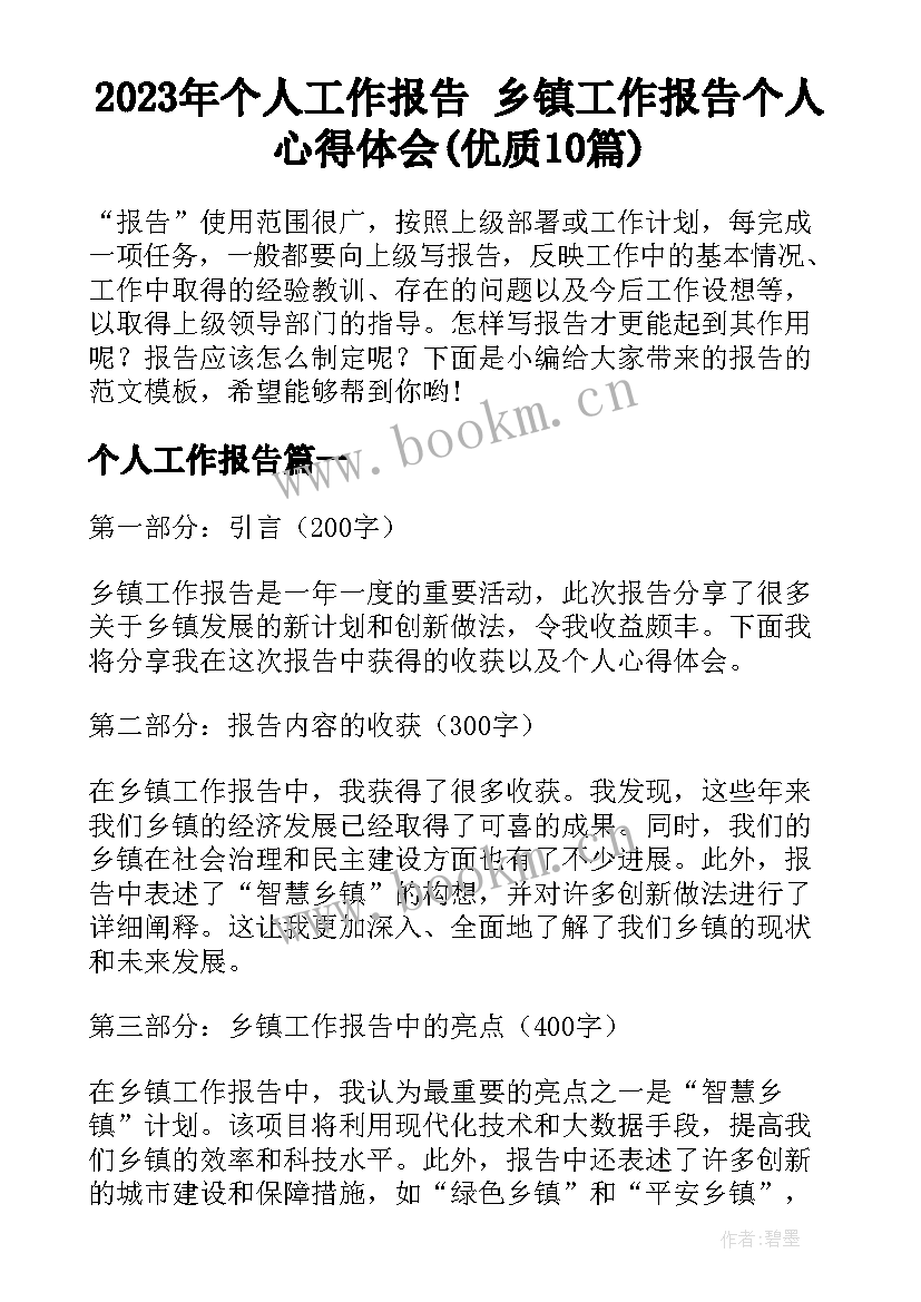 2023年个人工作报告 乡镇工作报告个人心得体会(优质10篇)