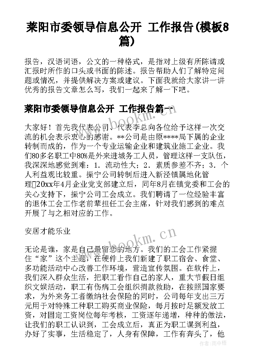 莱阳市委领导信息公开 工作报告(模板8篇)