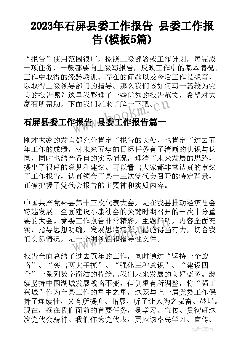 2023年石屏县委工作报告 县委工作报告(模板5篇)
