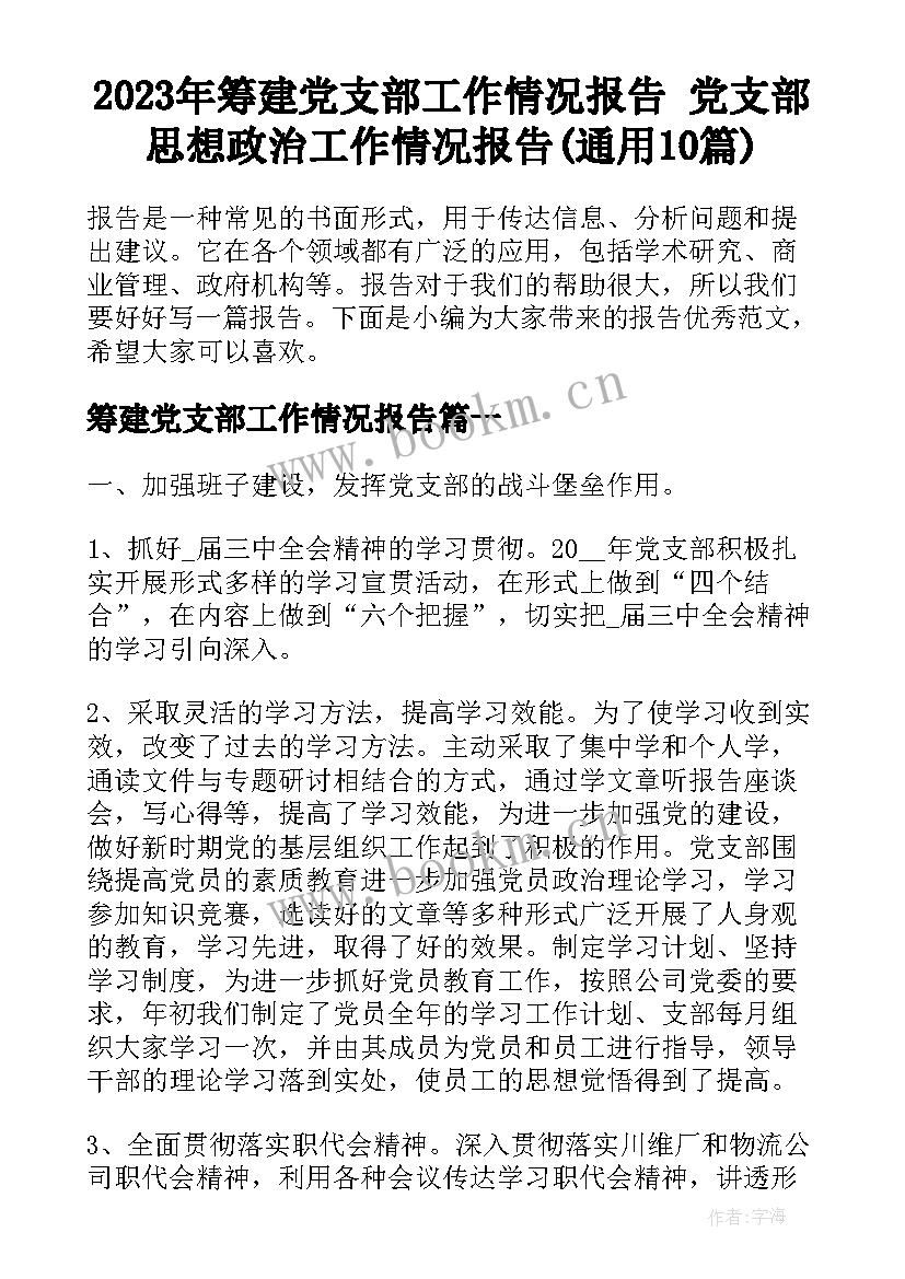 2023年筹建党支部工作情况报告 党支部思想政治工作情况报告(通用10篇)