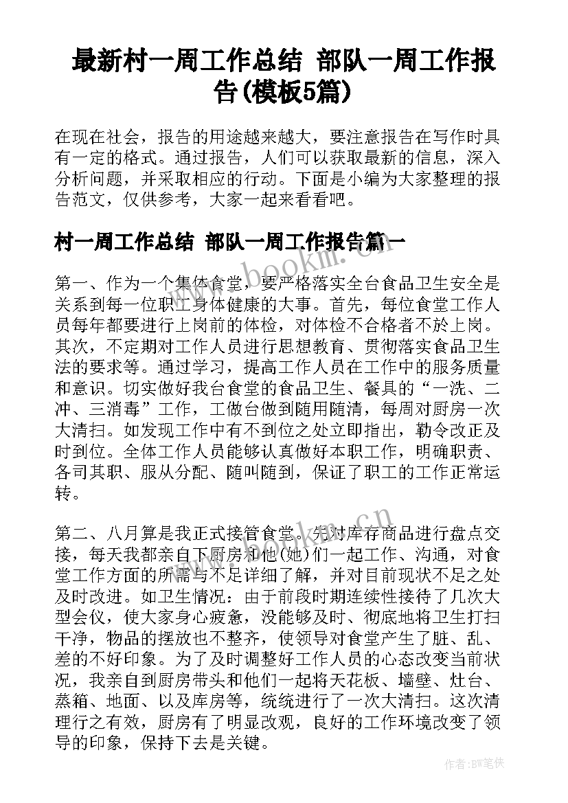 最新村一周工作总结 部队一周工作报告(模板5篇)