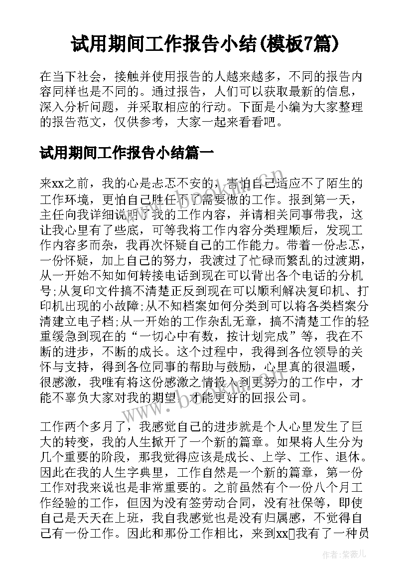 试用期间工作报告小结(模板7篇)