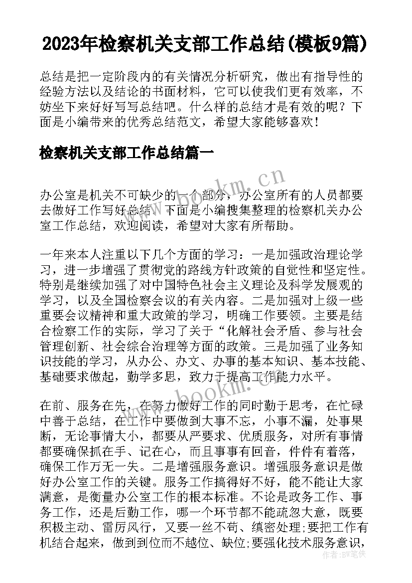 2023年检察机关支部工作总结(模板9篇)