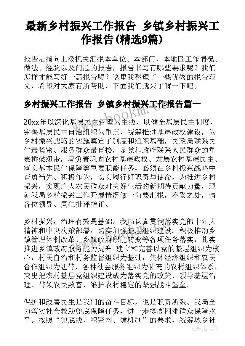 最新乡村振兴工作报告 乡镇乡村振兴工作报告(精选9篇)