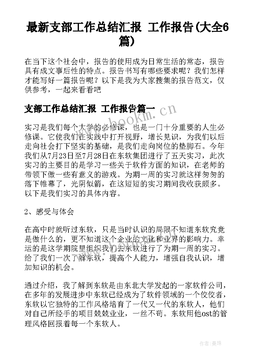 最新支部工作总结汇报 工作报告(大全6篇)