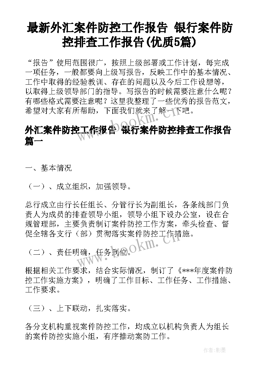 最新外汇案件防控工作报告 银行案件防控排查工作报告(优质5篇)