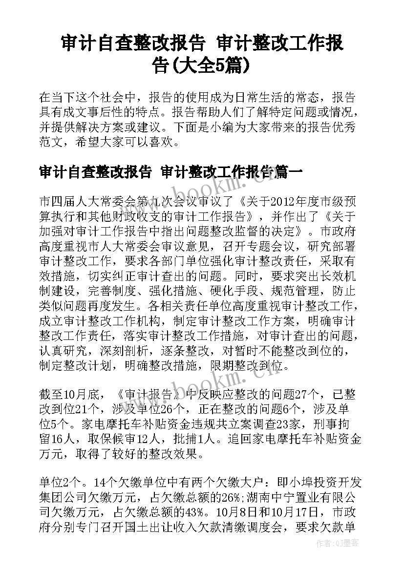 审计自查整改报告 审计整改工作报告(大全5篇)