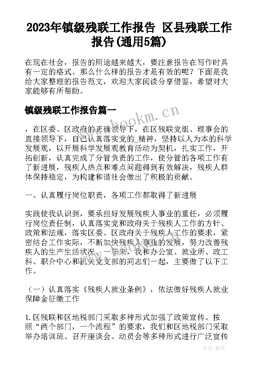 2023年镇级残联工作报告 区县残联工作报告(通用5篇)