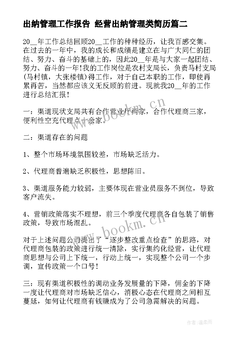 2023年出纳管理工作报告 经营出纳管理类简历(实用9篇)