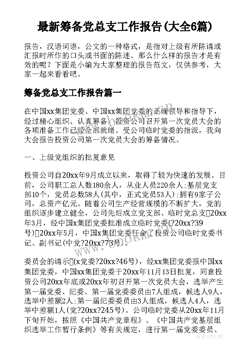 最新筹备党总支工作报告(大全6篇)