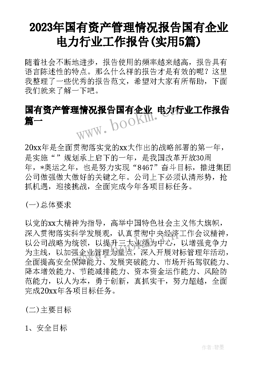 2023年国有资产管理情况报告国有企业 电力行业工作报告(实用5篇)