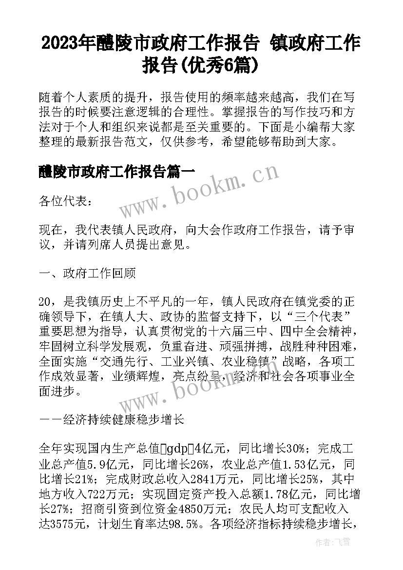 2023年醴陵市政府工作报告 镇政府工作报告(优秀6篇)