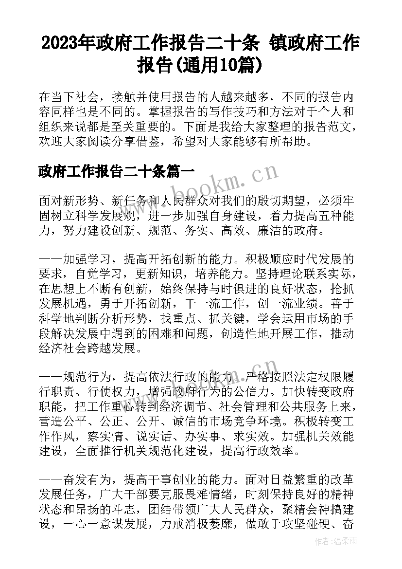 2023年政府工作报告二十条 镇政府工作报告(通用10篇)