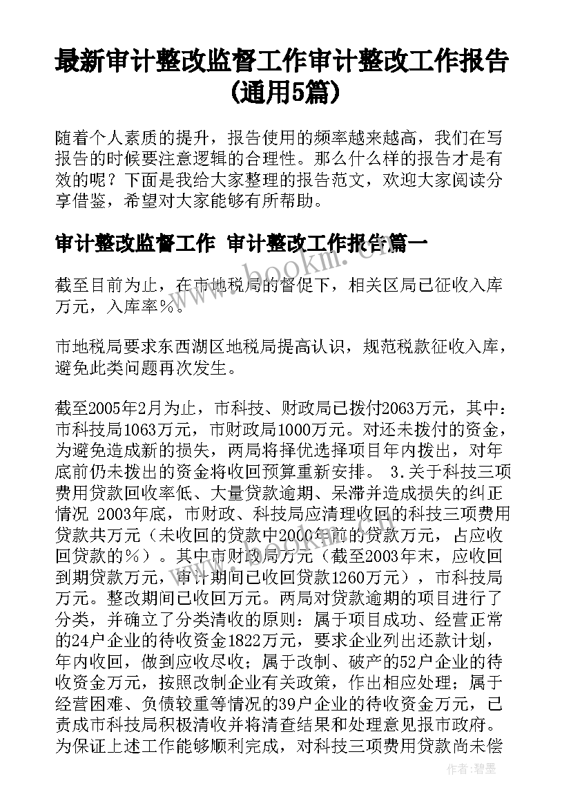 最新审计整改监督工作 审计整改工作报告(通用5篇)