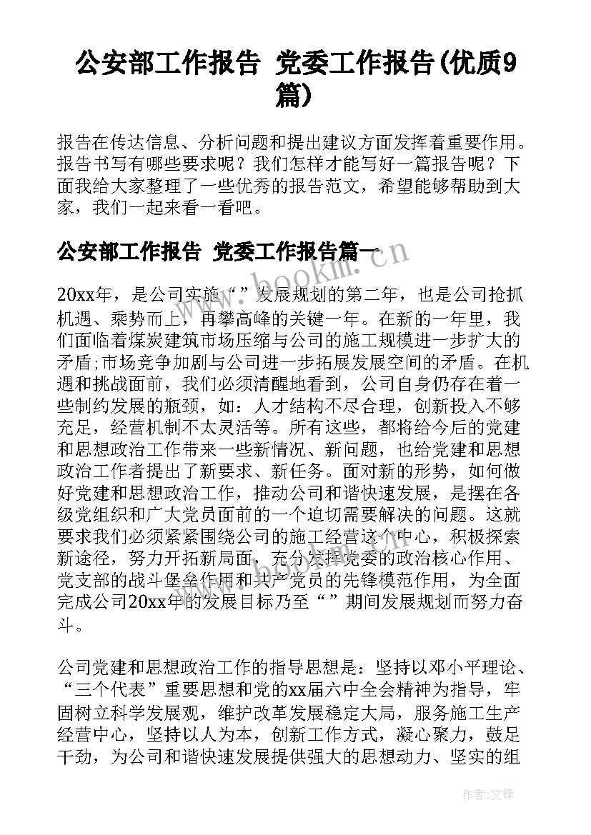 公安部工作报告 党委工作报告(优质9篇)