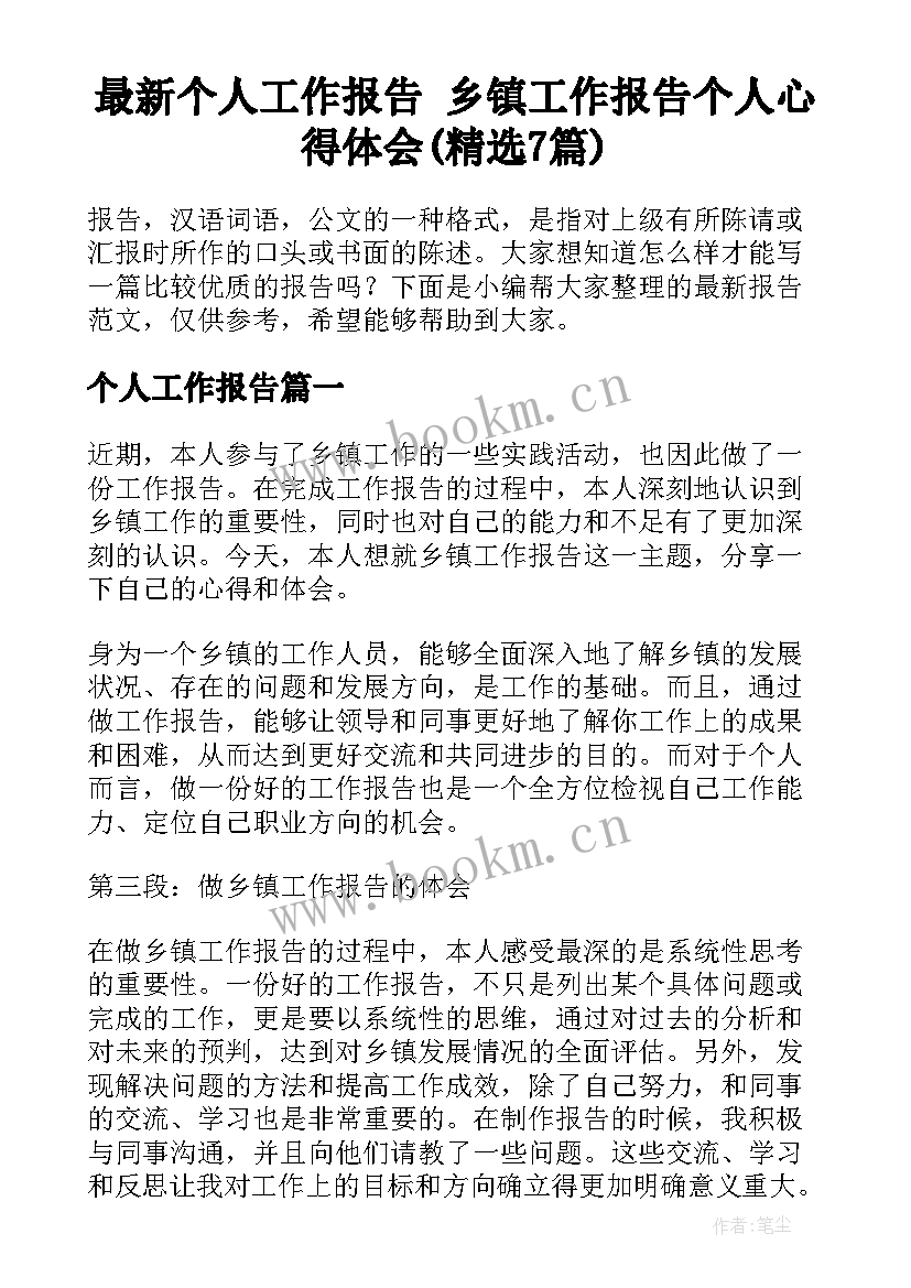 最新个人工作报告 乡镇工作报告个人心得体会(精选7篇)