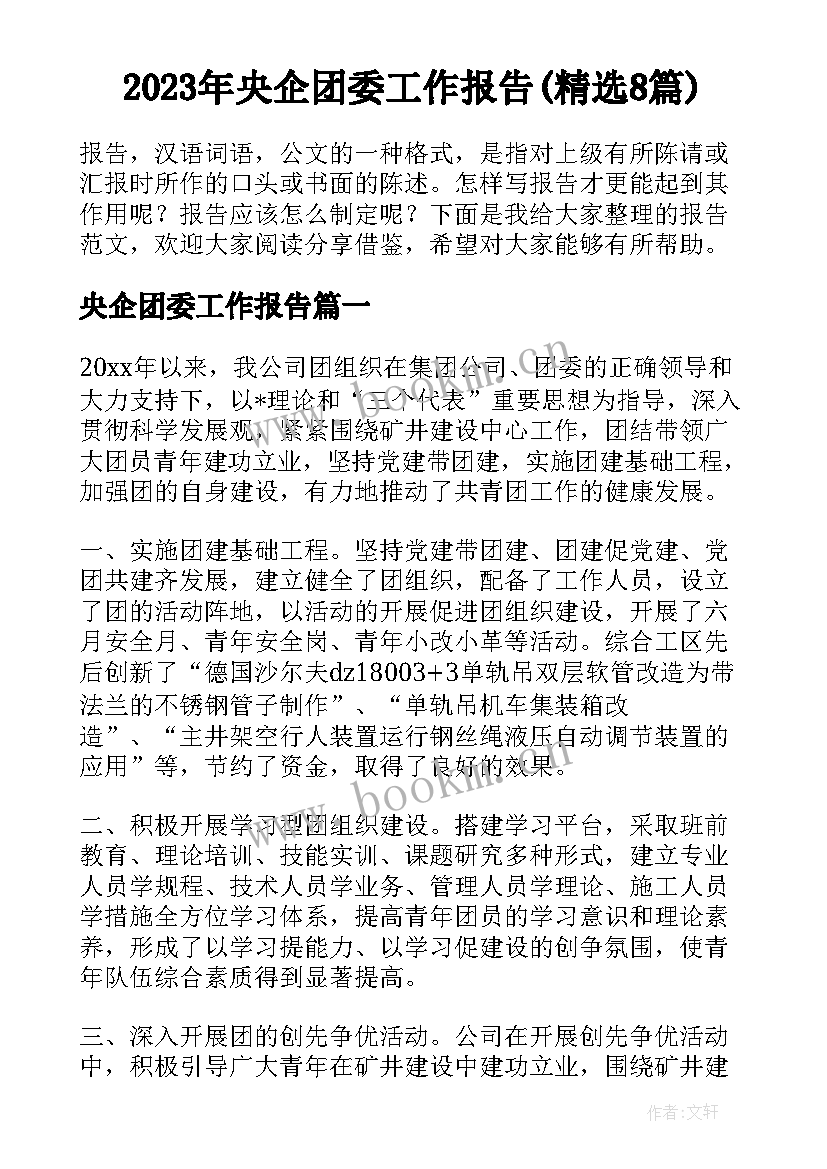 2023年央企团委工作报告(精选8篇)