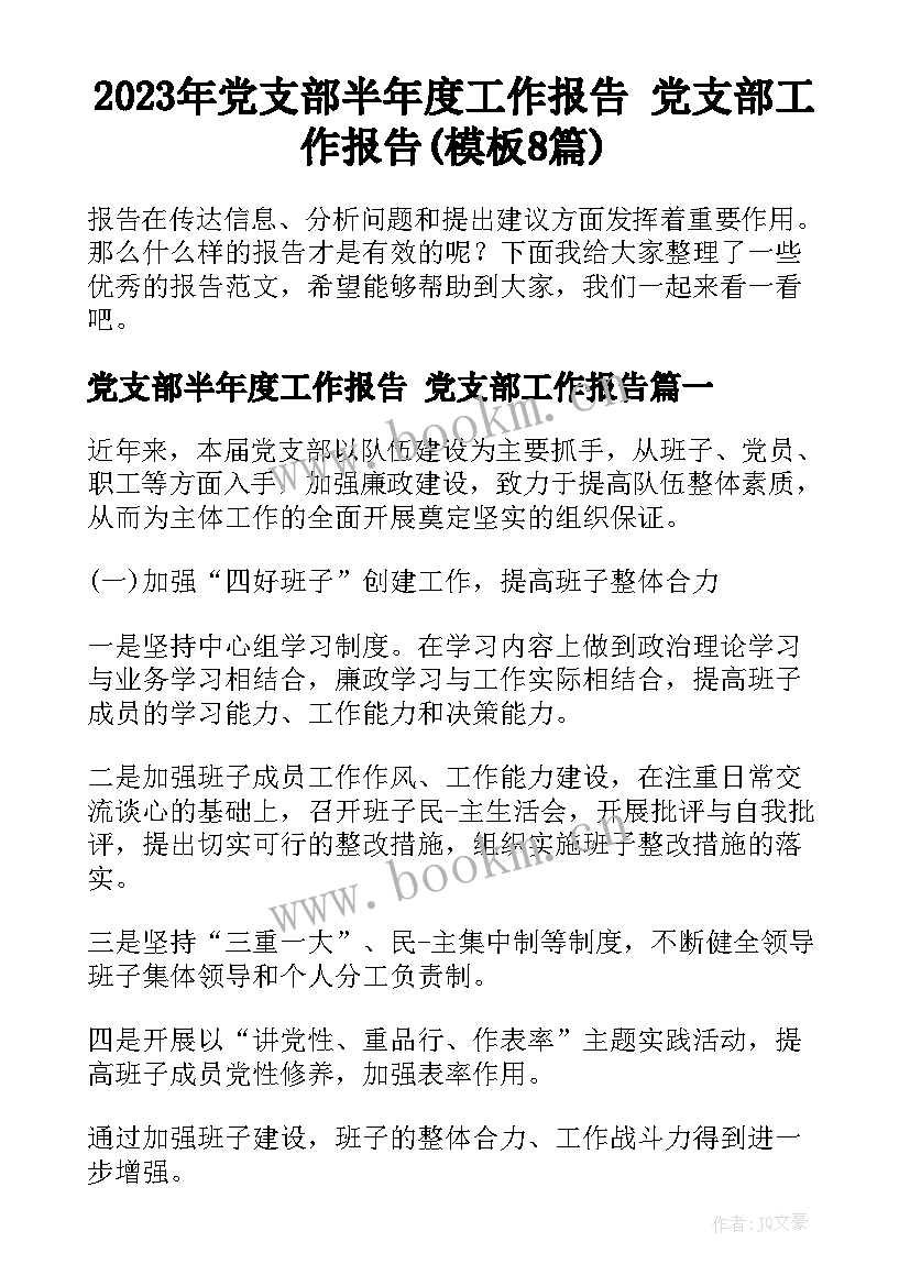 2023年党支部半年度工作报告 党支部工作报告(模板8篇)