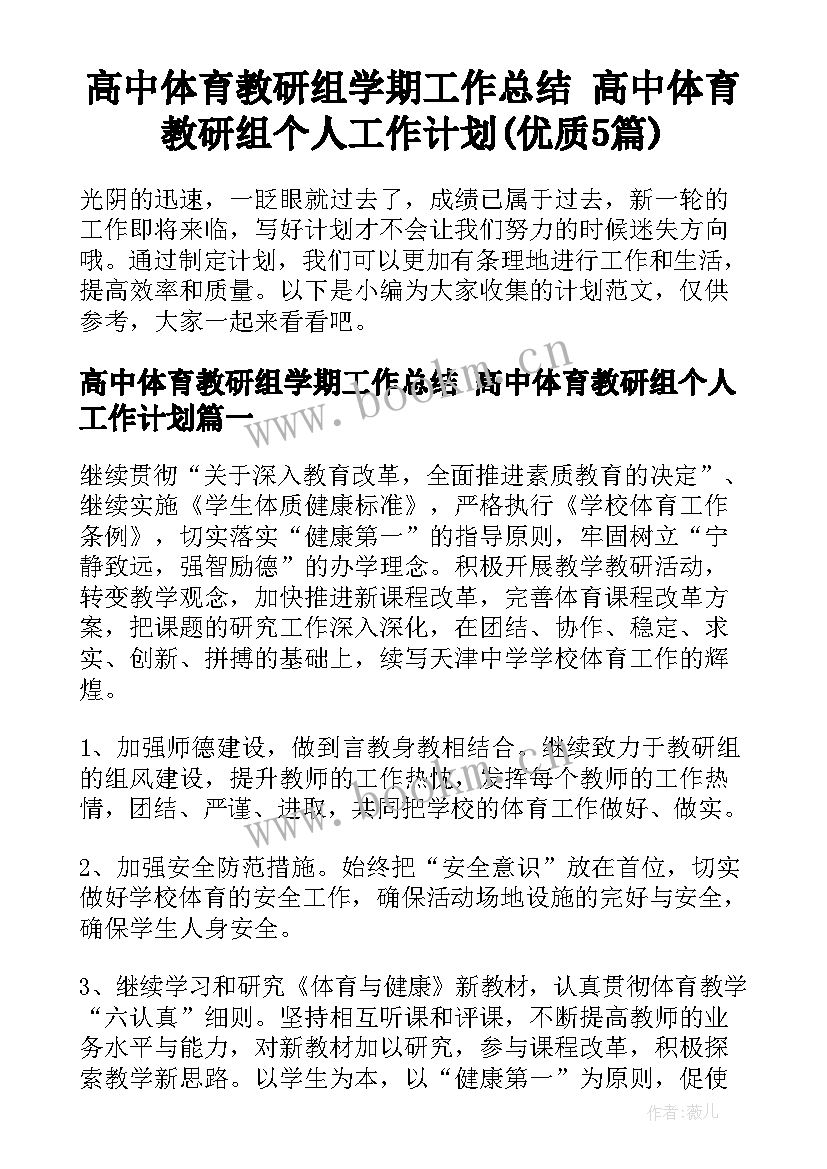 高中体育教研组学期工作总结 高中体育教研组个人工作计划(优质5篇)