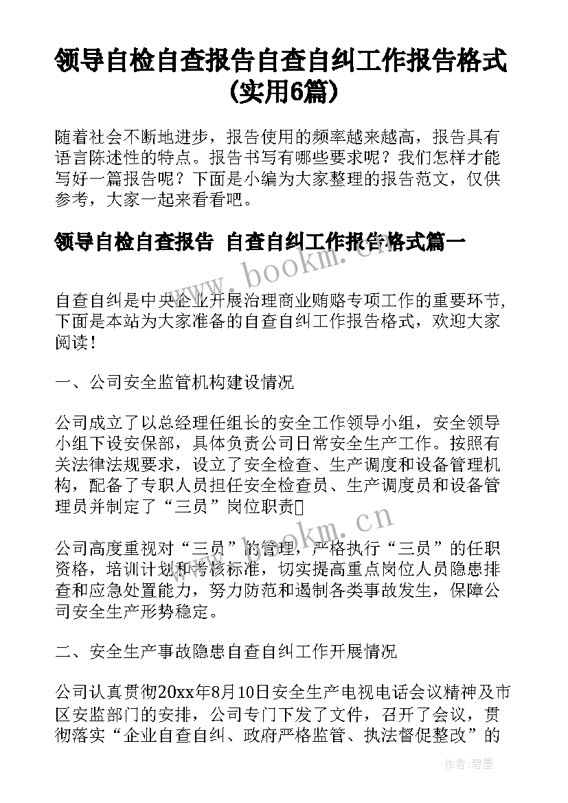 领导自检自查报告 自查自纠工作报告格式(实用6篇)