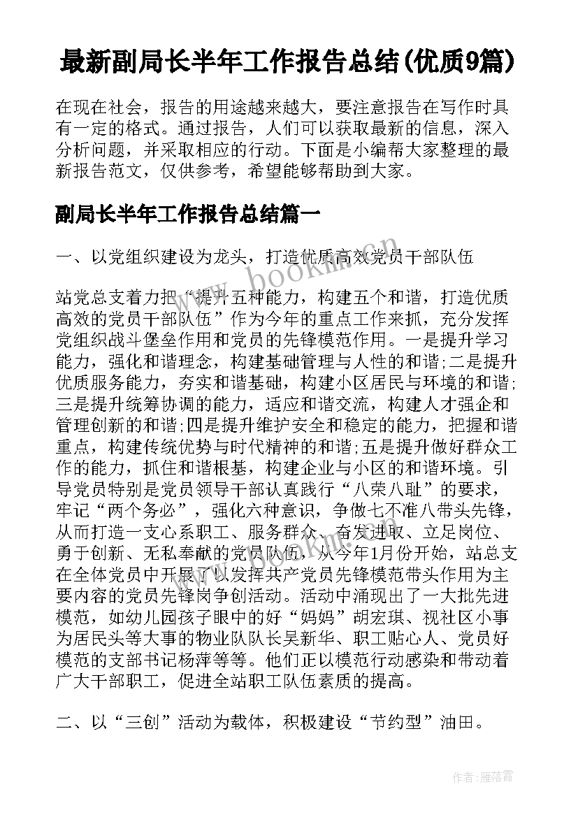 最新副局长半年工作报告总结(优质9篇)