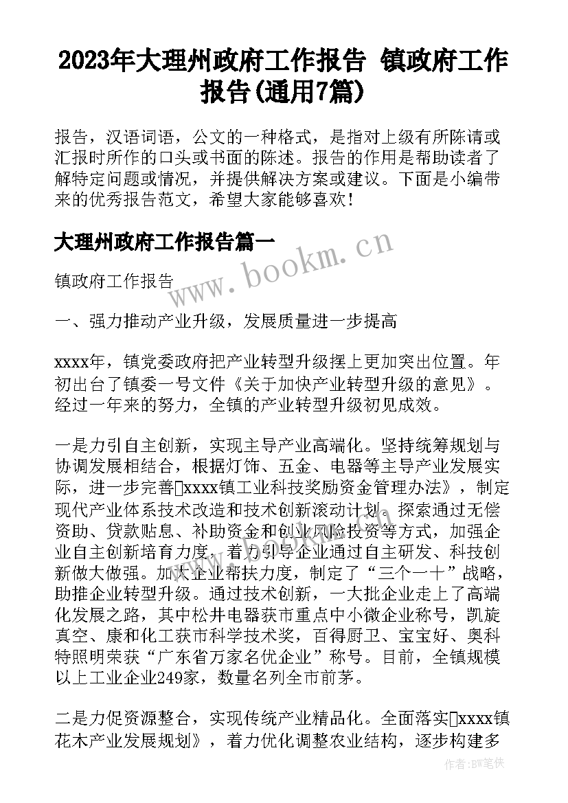 2023年大理州政府工作报告 镇政府工作报告(通用7篇)