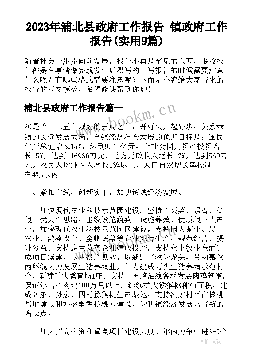 2023年浦北县政府工作报告 镇政府工作报告(实用9篇)