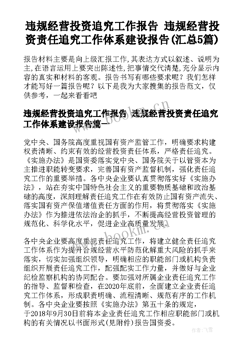 违规经营投资追究工作报告 违规经营投资责任追究工作体系建设报告(汇总5篇)