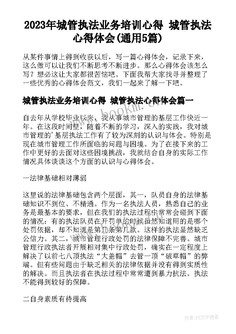 2023年城管执法业务培训心得 城管执法心得体会(通用5篇)