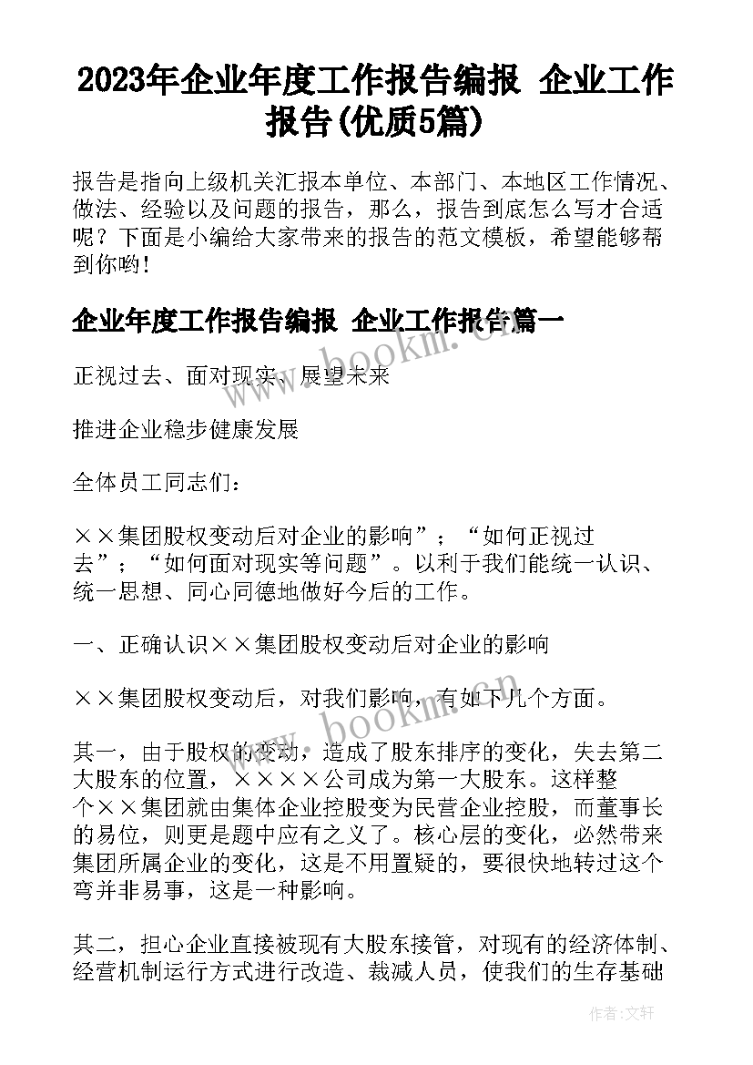 2023年企业年度工作报告编报 企业工作报告(优质5篇)