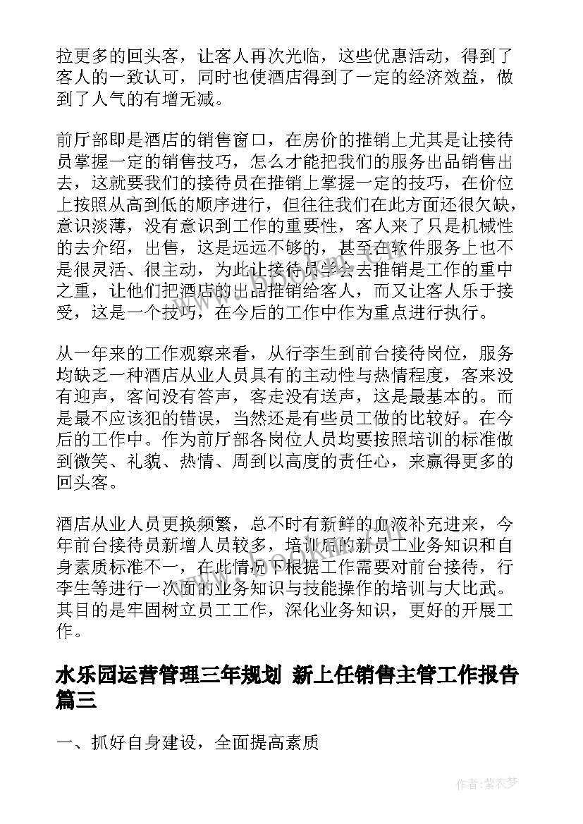 水乐园运营管理三年规划 新上任销售主管工作报告(优秀8篇)