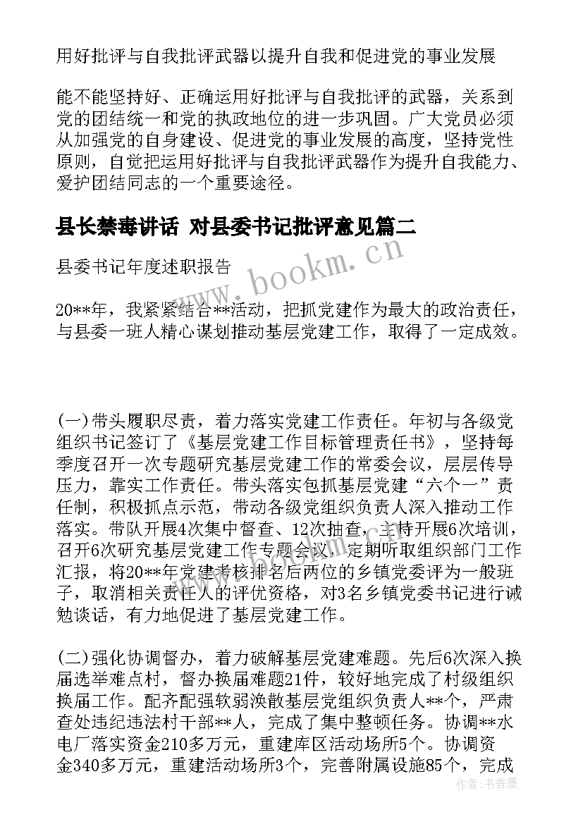 县长禁毒讲话 对县委书记批评意见(汇总8篇)