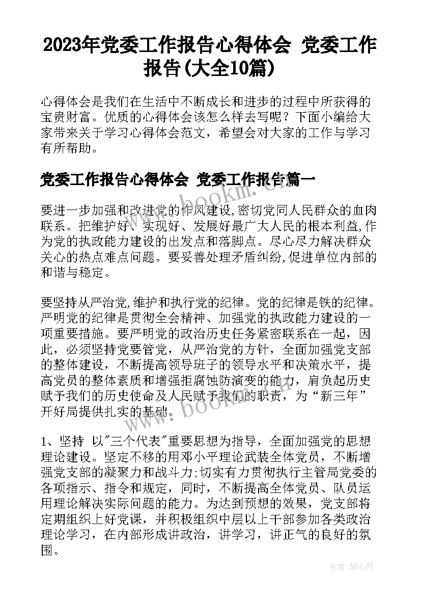 2023年党委工作报告心得体会 党委工作报告(大全10篇)