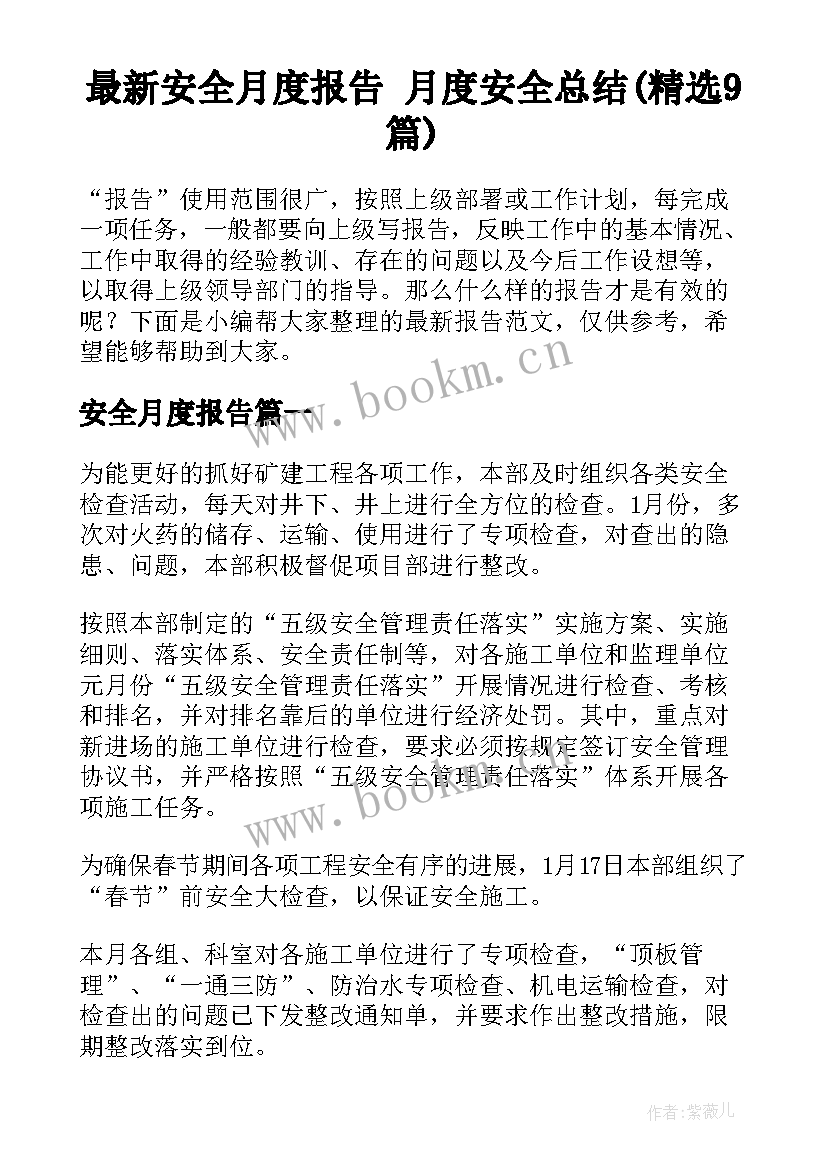 最新安全月度报告 月度安全总结(精选9篇)