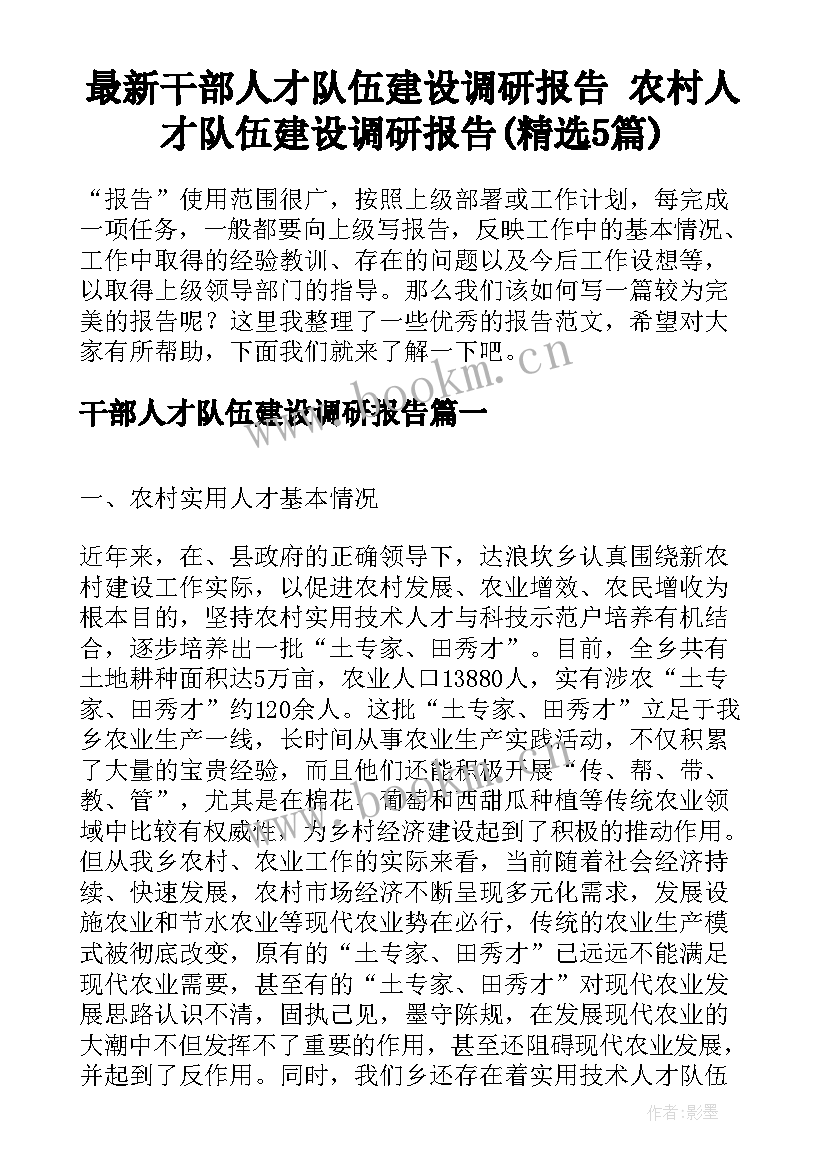 最新干部人才队伍建设调研报告 农村人才队伍建设调研报告(精选5篇)