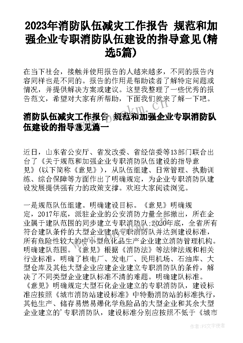 2023年消防队伍减灾工作报告 规范和加强企业专职消防队伍建设的指导意见(精选5篇)