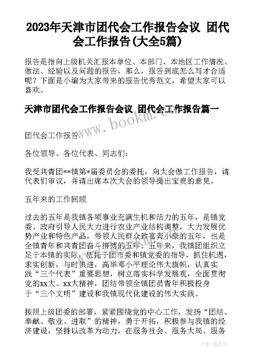 2023年天津市团代会工作报告会议 团代会工作报告(大全5篇)