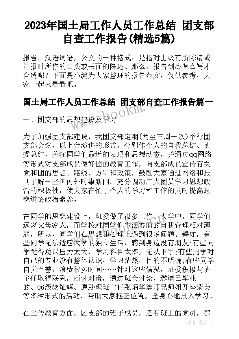 2023年国土局工作人员工作总结 团支部自查工作报告(精选5篇)