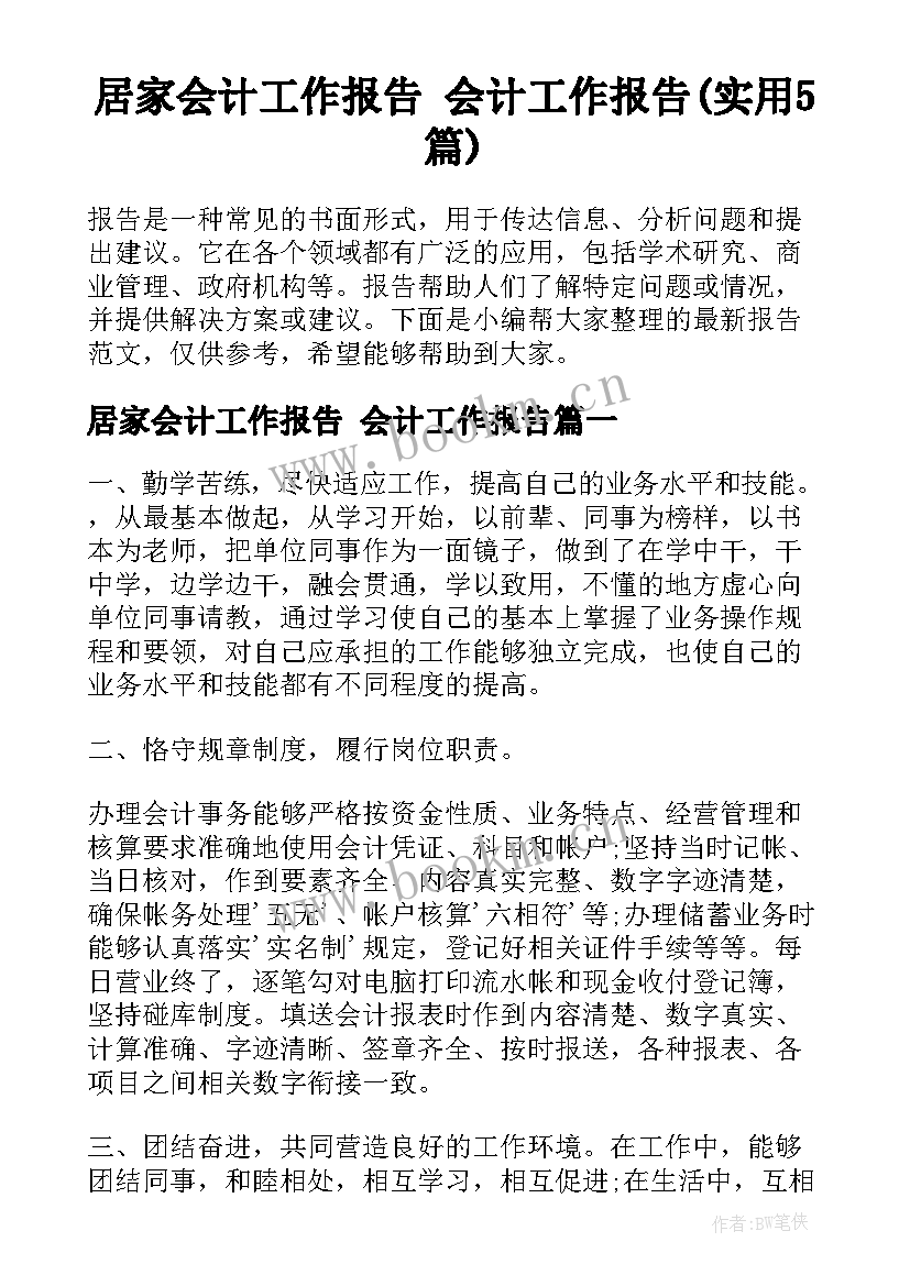 居家会计工作报告 会计工作报告(实用5篇)