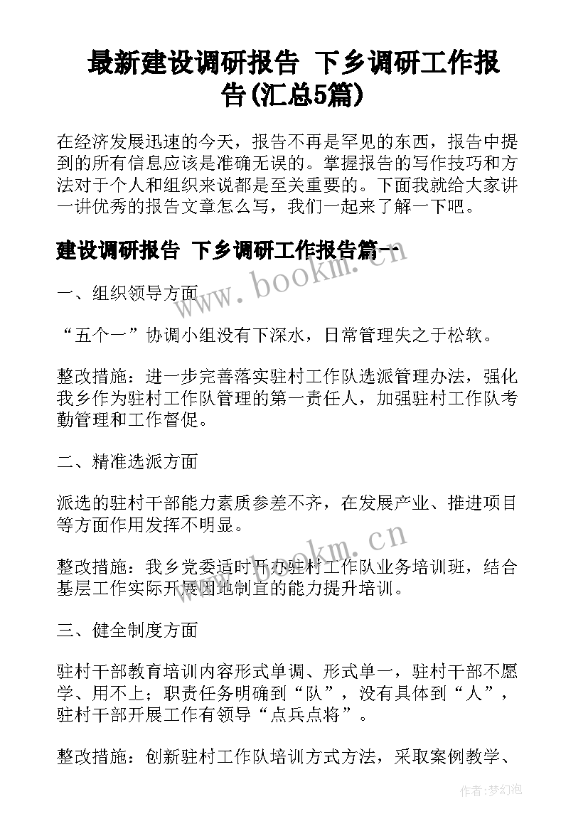 最新建设调研报告 下乡调研工作报告(汇总5篇)